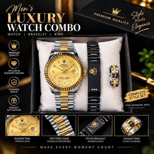Rolex Men’s Luxury Combo – Premium Watch, Bracelet & Ring Set